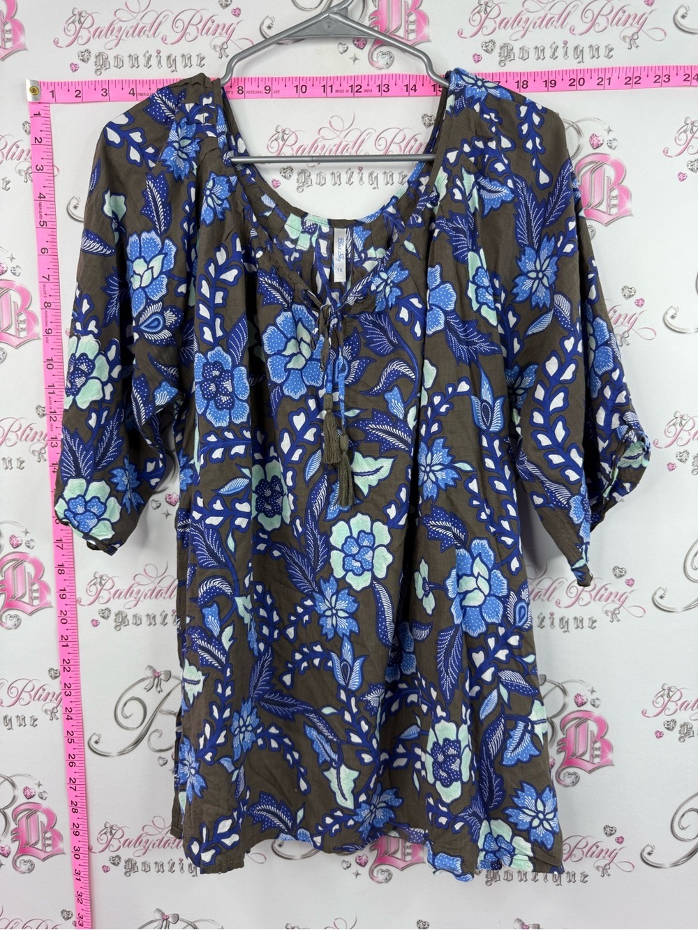 Blue Sky blouse flowers grey Brown Tunic with Blue Floral Print